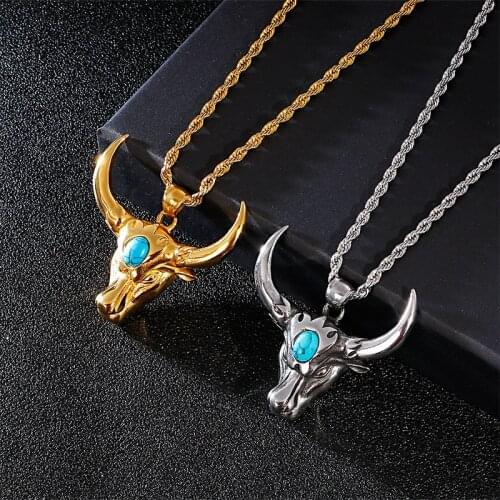 Vintage Stainless Steel Green Gem Pendant Ox Horn Animal Mens Pendant Motorcyclist Punk Hip Hop Party Jewelry Gift