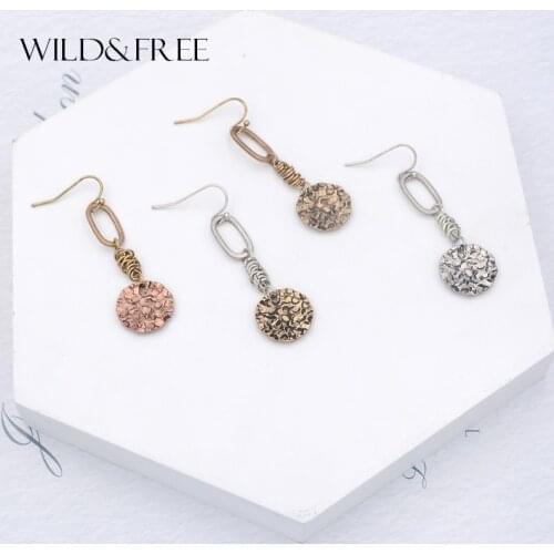 Wild&Free Vintage Handmade Small Circle Round Coin Drop Earrings For Women Antique Gold Hollow Rectangle Geometric Earrings Gift