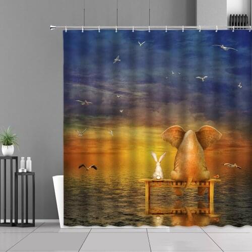 Lovely Elephant Shower Curtain Set Sunset Dusk Beach Animal Waterproof Bathroom Decor Curtains Home Decoration Bathtub Partition