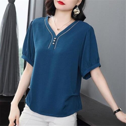 Temperament Women Chiffon Summer Shirts Loose Casual Short Sleeve Tops Elegant V-Neck Shirring Blouses Fashion Blusas MM1067