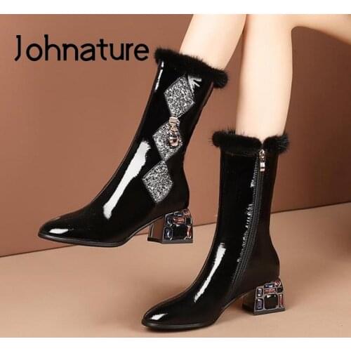 Johnature Winter Warm Shoes Women Boots Zip Round Toe Crystal Bling Sewing Handmade Concise Leisure Leather Platform Boots