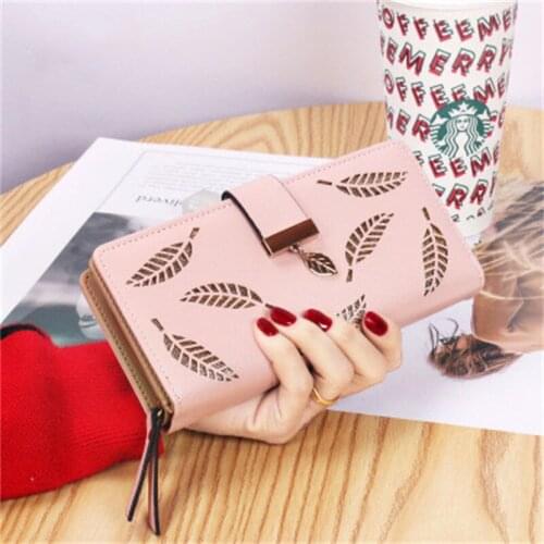 Women Wallet PU Leather Purse Female Long Wallet Gold Hollow Leaves Phone Pouch Handbag For Women Coin Purse Card Holders Clutch