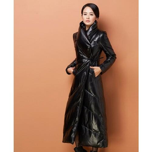 Women Winter New Leather Down Long Jacket High-End OL Sheepskin Coat High Collar Lace Up White Duck Down Commuter X-Long Outwear