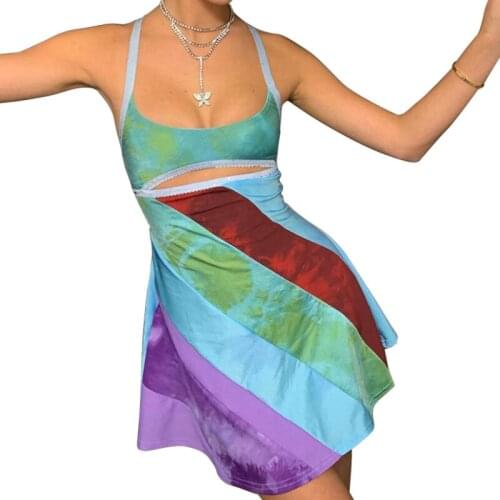 Womens Casual Suspender Short Dress Fashion Contrast Color U-neck Patchwork Hollow A-line Dress Evening Party