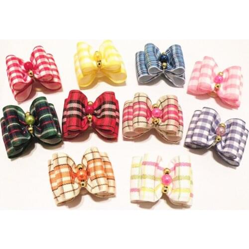 100PC/Lot Classic Plaid Dog Hair Bows Pet Dog Accessories Handmade Cat Dog Grooming Bows Rubber Bands