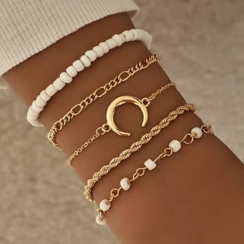 5 pcs/set Fashion Moon Pattern Charm Bracelet Set for Women Combination White Resin Bead Chain Multi-layer Bracelet Alloy Jewely