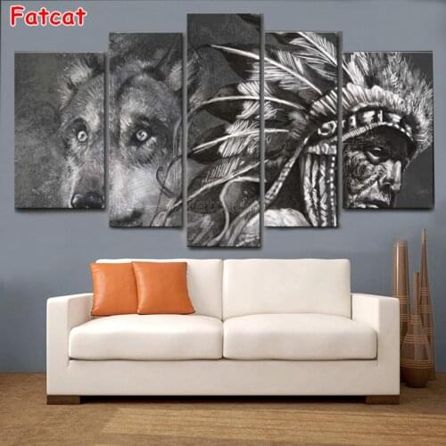 Black and white wolf and Indian Diamond Painting Square Drill Diamond Embroidery Cross Stitch Kit Mosaic 4 pcs Wall Decor PP1324