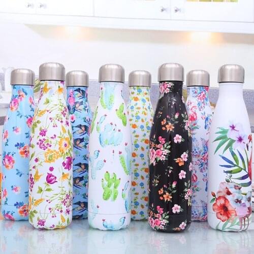 Flower Marble Color Insulated 17OZ Water Bottle Full Design 500ml Double Wall Stainless Steel Travel Thermal Flask