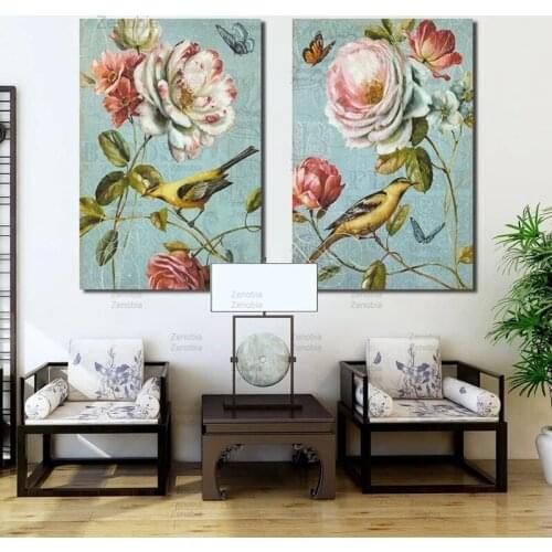 Beautiful Flower Bird Canvas Painting Retro Color Posters and Prints Pictures Wall Art Graffiti Bedroom Modern Home Decoration