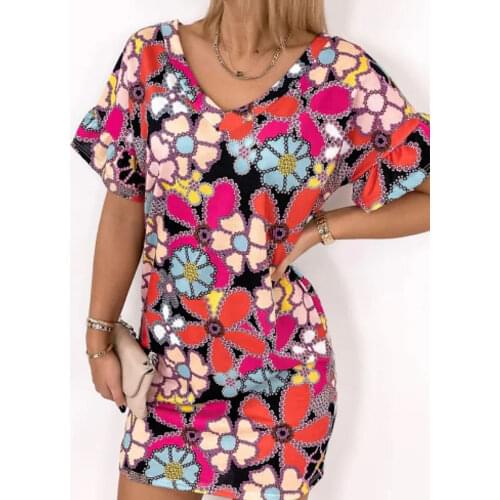 Autumn Women Harajuku Print Vintage Shirt Dress Femme Elegant 3/4 Sleeve Loose Mini Dress Spring Fashion Sexy V Neck Party Dress