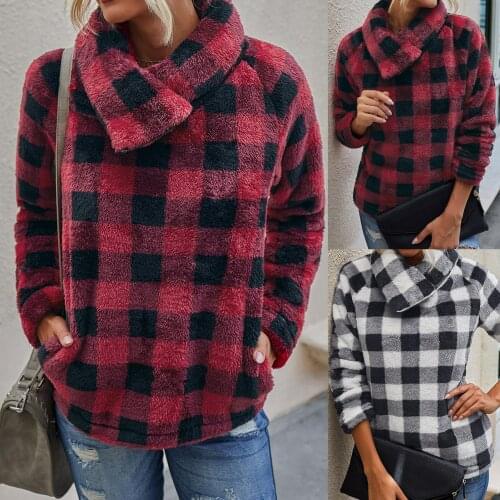 Fashion Women Slant Zipper Collar Plaid Sweatshirt Plush Thicken Warm Pullover Blouse Tops