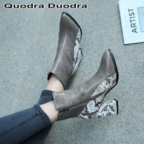 2020 new Winter Warm Plush Pointed Toe short shoes Ankle Boots Snake print Square Heels Shoes Women Boot Spring Autumn Zipper Bi