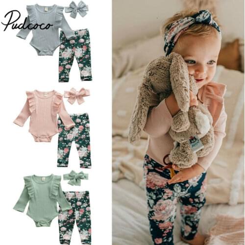 Pudcoco 2020 New Baby Girl Ruflles Costume Striped Rompers+Pants+Headband warm autumn winter cotton romper Clothes 0-24 Monthes