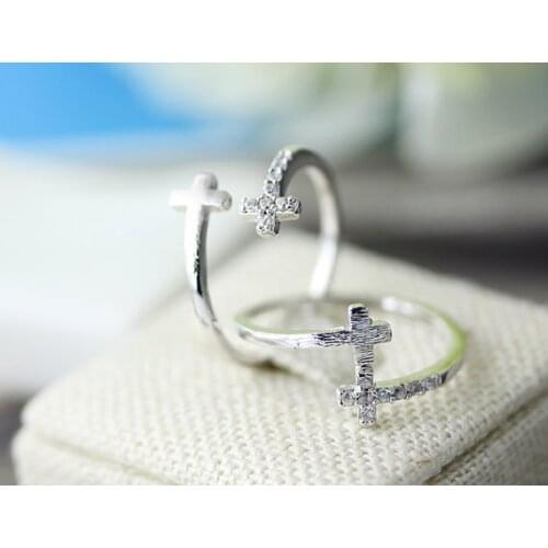 New Fashion Jewelry Double Cross Cuff Finger Crystal Silver Ring For Women Stretch Girl Korean Simple Cool Wedding Jewelry