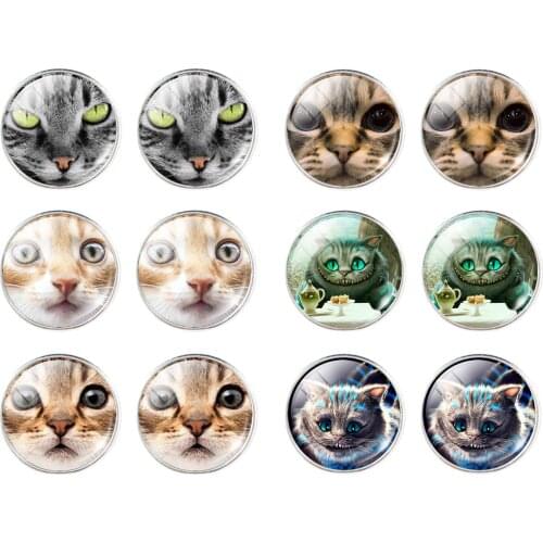 New Cute Cheshire Cat Stud Earrings Jewelry Glass Cabochon Earring for Women Vintage Handmade Christmas Gifts
