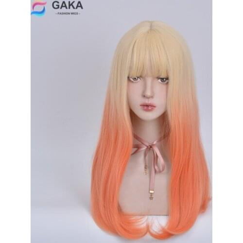 GAKA Long Natural Curly Synthetic Hair Womens Gradient Blending Pink/Orange Cosplay Wig with Bangs
