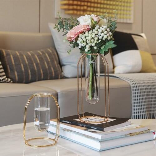 Nordic Creative Gold Wire Vases Hydroponic Glass Plant Vases Geometric Art Decorative Metal Supports Modern Home Decoration