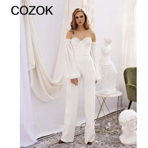 2021 Jumpsuit Wedding dress With Detachable long sleeves Sequins Country Beach Wedding Dress with pant suit robes de mariée