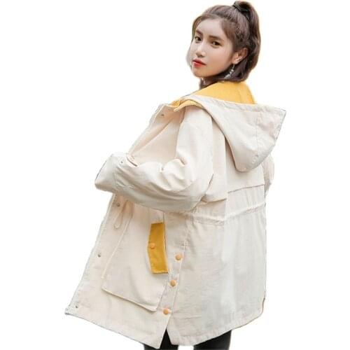 2020 Spring Autumn Trench Coats Women Outerwear New Korean Long Sleeve Hooded Windbreaker Female Tops G40