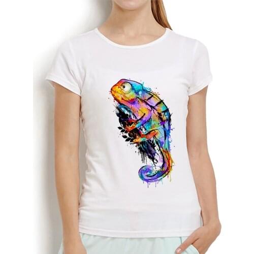 Watercolor chameleon funny t shirt women summer new white casual femme girl kawaii streetwear tshirt short sleeve