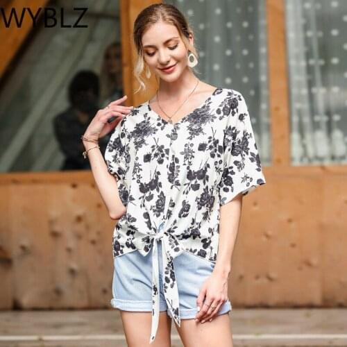 WYBLZ Summer Fashion Dot Print Loose Womens T-shirts Tops Sexy V-neck Short Sleeve Bandage Tee Shirts Casual Lady Tshirt Top