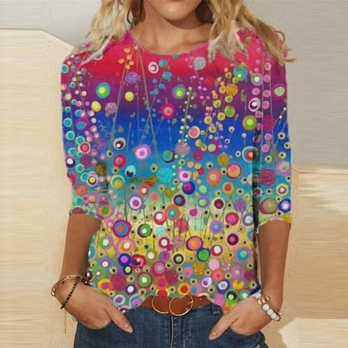 Womens Casual Tshirt Fashion Loose Round Neck Colorful Printed Long Sleeve Tops High Street Fashion Women Top #PY