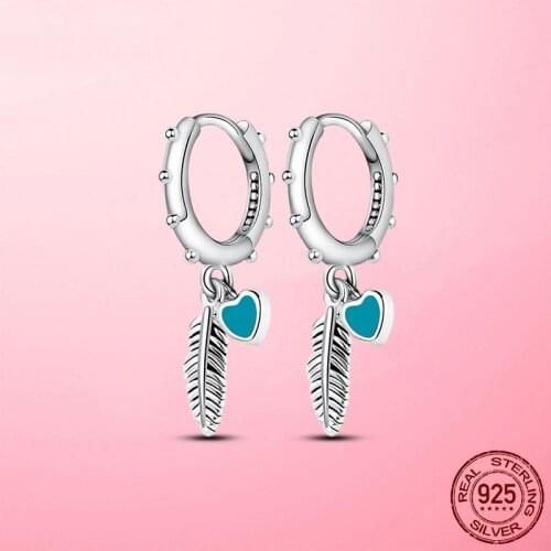 Silver Earrings 925 Sterling Silver Turquoise Hearts and Feather Hoop Earrings for Women Fashion Silver Earring Jewelry brincos
