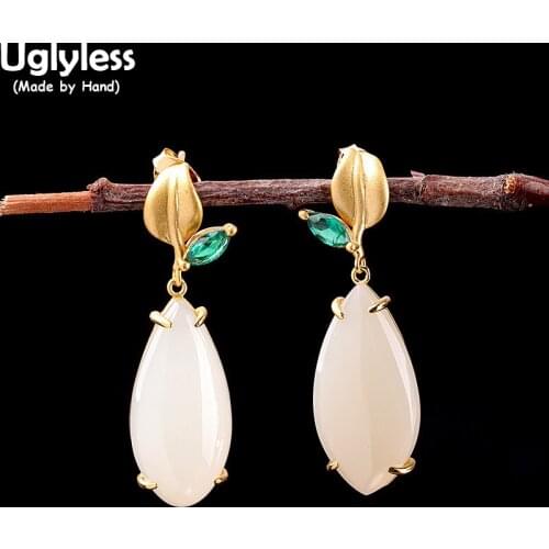 Uglyless Water Drop Gemstones Hetian Jade Women Dress Earrings Gold 925 Silver Leaves Dangle Earrings Zircons Brincos Bijoux