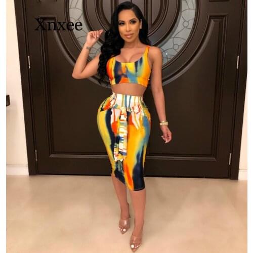 Women new summer tie dye print sexy night club party two piece set bodycon dress tank top midi tie up skirt suit sexy beach wear