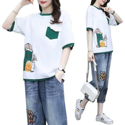 Summer 2021 The New Cowboy Pants Suit Women Loose Plus Size Two-Piece Suit Ladies Short Sleeve Tops+ Denim Pants 2PCS 4XLB987