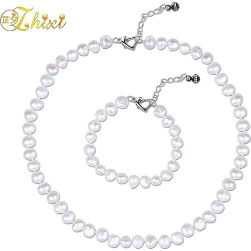 ZHIXI Pearl Jewelry Set Real Natural White Baroque Freshwater Pearl Choker Necklace Bracelet 8-9mm For Women Birthday Gift T242