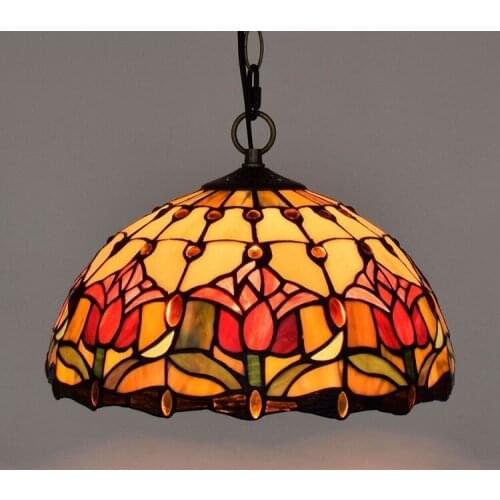 12-Inch Red Tulip Bar Restaurant Colorful Glass Chandelier American Pastoral Tiffany Vintage Glass Lamp