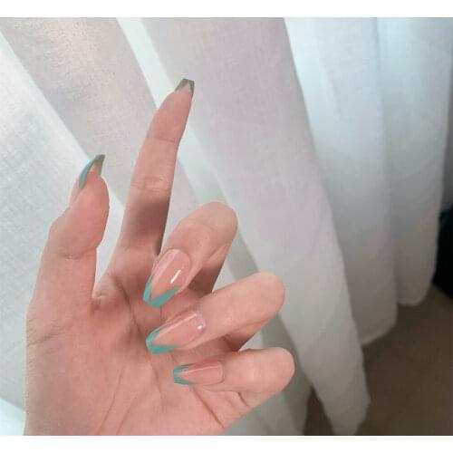 24pcs/box French Tips Fake Nails with Glue Rhinestones Coffin Press on Nails Detachable French Stick on Nails Art Manicure Tool