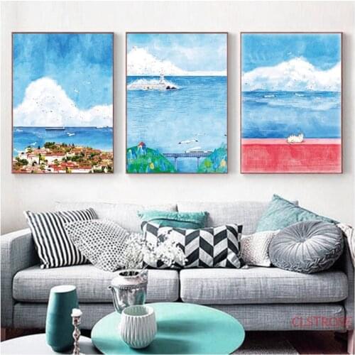 Nordic Abstract Poster Blue Sky Waves Seaside Landscape Oil Canvas Painting Modern Home Decoration Wall Art Pictures No Frame