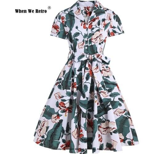 Floral Leave Printed Short Sleeve Women Cotton Dress VD1762 Swing Rockabilly Punk 50s 60s Inspired Vintage Dress