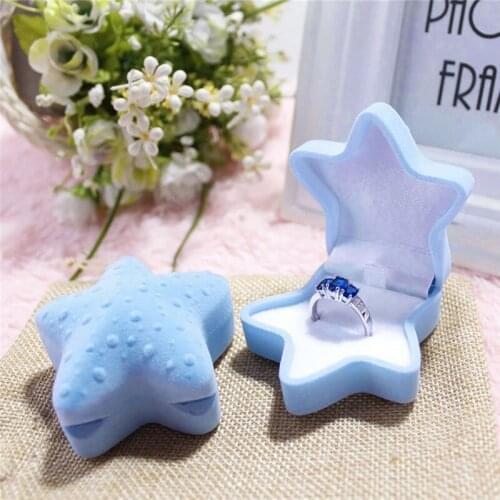 DoreenBeads Plastic Jewelry Box Ring Earring Boxes Blue Pink Color Dot Pattern Starfish Shaped Velvet Surface 6.4x6.1cm, 1 Piece