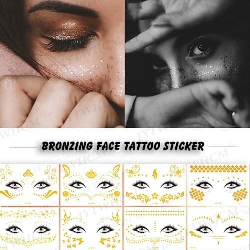 Face Tattoo Stickers 2021 New Gold Temporary Waterproof Tattoo Flash Freckles Makeup Stickers Eye Decal Fake Tattoo For Women
