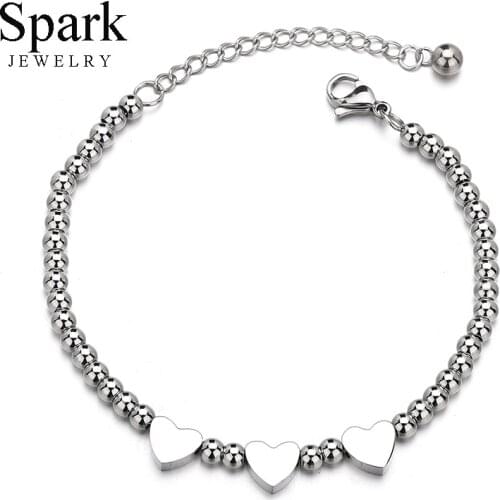 Spark Tiny Heart Charm Bracelet Stainless Steel Beads Bracelets Adjustable Bangle For Women Girls Wedding Anniversary Gift