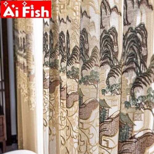 Chinese Classical Coffee Mystery Pagoda Voile Curtains for Living Room Gray Blue Curtains in the room Tulle Sheer Drapes W453#4