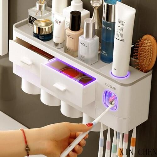 Toothbrush Wall Mount RackTools Set Bathroom Accessories organizer Set Toothbrush Holder Automatic Toothpaste Dispenser Holder