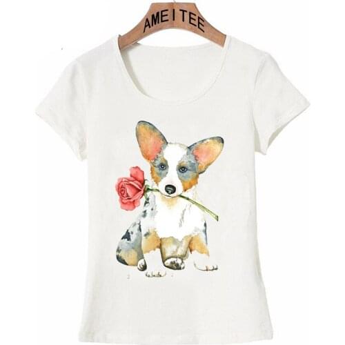 Women Tee Shirt Valentine Rose Corgi Print T-Shirt Naughty Dog Schnauzer Clever Pomeranian Boston Terrier Casual Cute Girl Tees