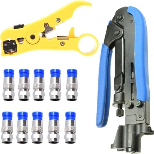 Carbon Steel Coaxial Cable Crimp & Stripper Pliers Compression RG6/ RG59/ RG11 Hand Tools + 10PCS/lot connector