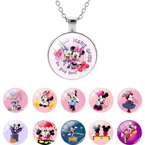 Disney Mickey Mouse Mickey And Minnie Glass Dome Pendant Necklace for Girls Holiday Party Cabochon Jewelry Fashion Gifts DSY107
