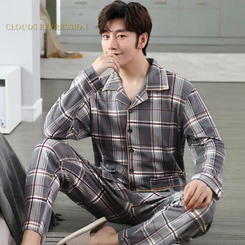 Autumn Winter Knitted Cotton Cartoon Mens Pyjamas Striped Pajamas Set Casual Male Sleepwear Pyjama Night Pijamas 3XL Homewear