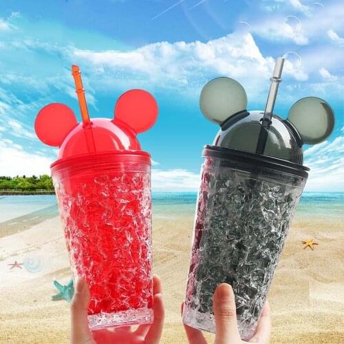 450ml Summer Mickey Ice Crack Straws Smoothie Maker Cup Small Frozen Plastic Milkshake Smoothie Cups Iced Drinks Mug