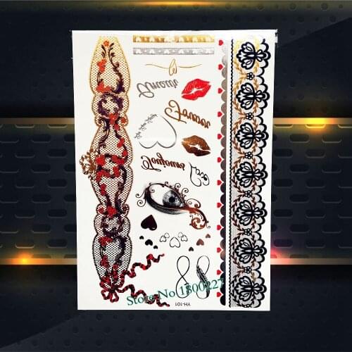 Sexy Body Art Gold Temporary Tattoo Red Lip Eye Lace Jewel Flower Bracelet Design Body Leg Art Waterproof Tattoo Sticker PYH-101