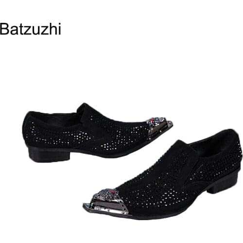 Batzuzhi Luxury Design Black/Red Rhinestone Leather Dress Shoes Men Pointed Iron Toe Mens Shoes for Party and Wedding Male