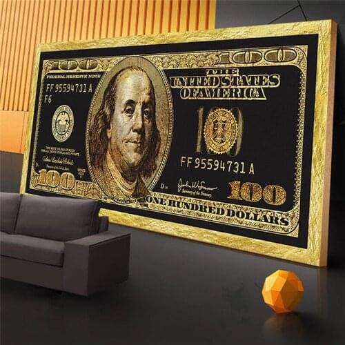 Inspirational Artwork Golden Money Canvas Art Posters 100 Dollars Oil Paintings Modern Living Room Wall Decorative Pictures