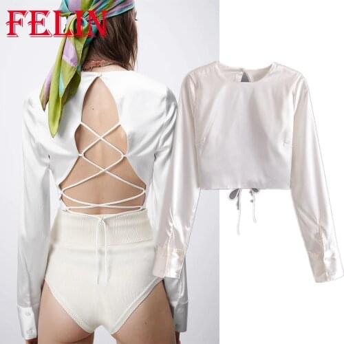 Za Fashion 2021 Women White Stain Sexy Blouse Long Sleeve Sexy Backless Tops Mujer Summer Cropped Tops
