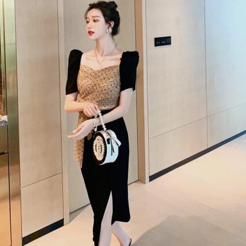 Summer High-end Vacation Dress Vintage Square Collar Short Sleeve Dress Women Streetwear Patchwork Mesh Slim Party Dress Vestido